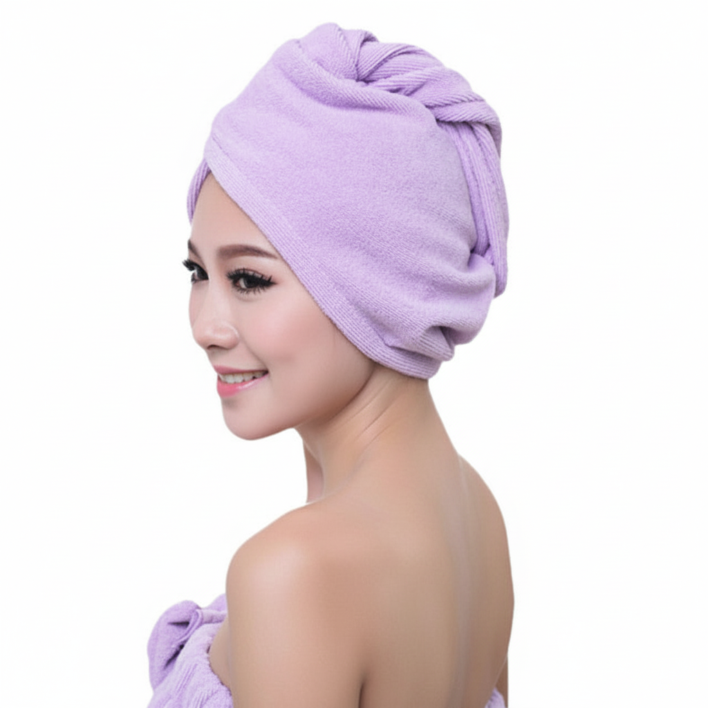 Premium women's hair drying towel. Microfiber, ultra absorbent for quick drying & frizz-free hair.