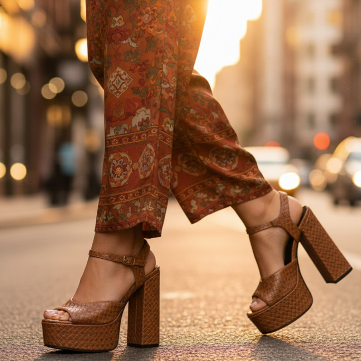 Back view of women's fashion heels: ultra high block heel platform sandals with an adjustable buckle.
