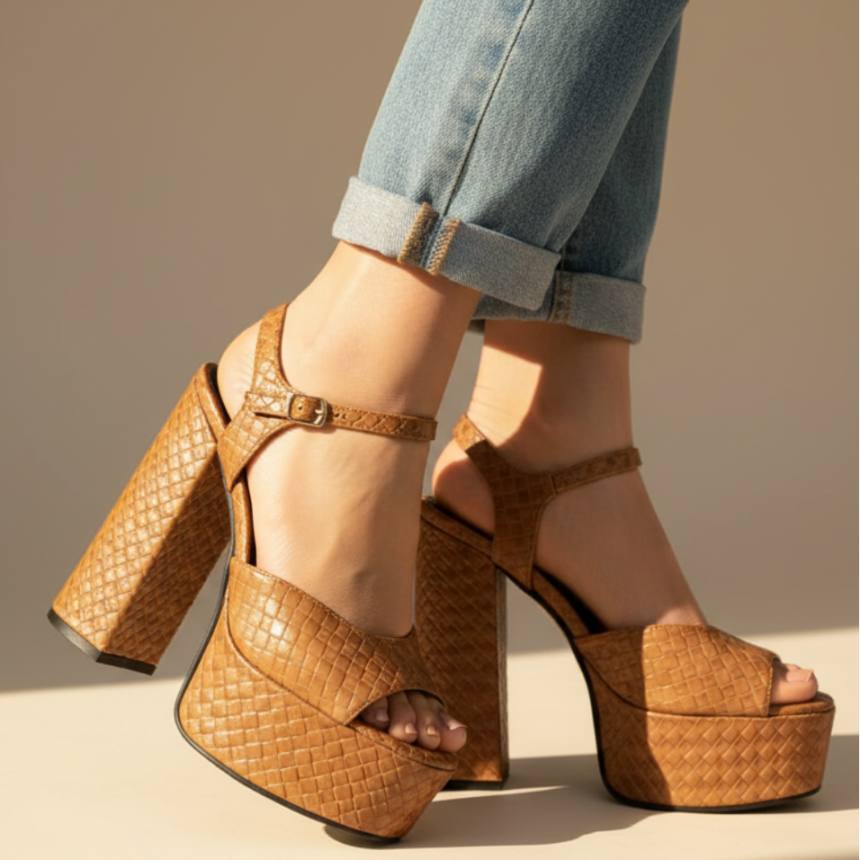 Close-up of buckle strap on women's high block heel platform sandals, ensuring a secure fit.