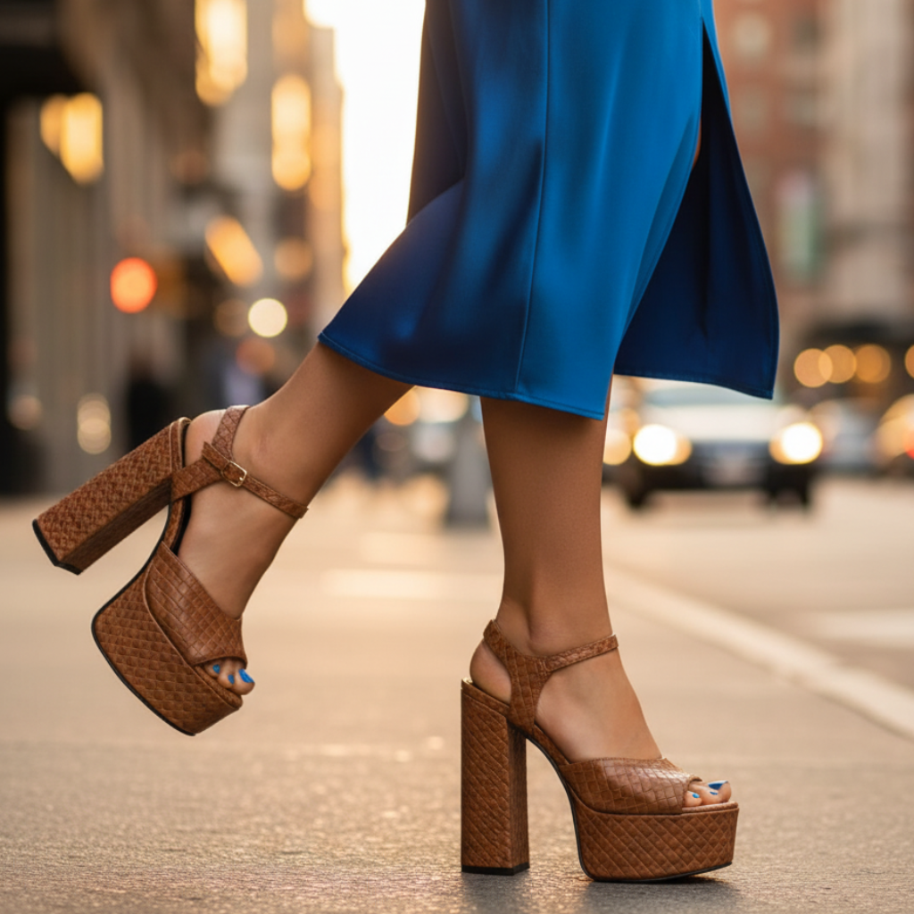 Chunky platform sole and ultra high block heel on women's stylish evening & party sandals.