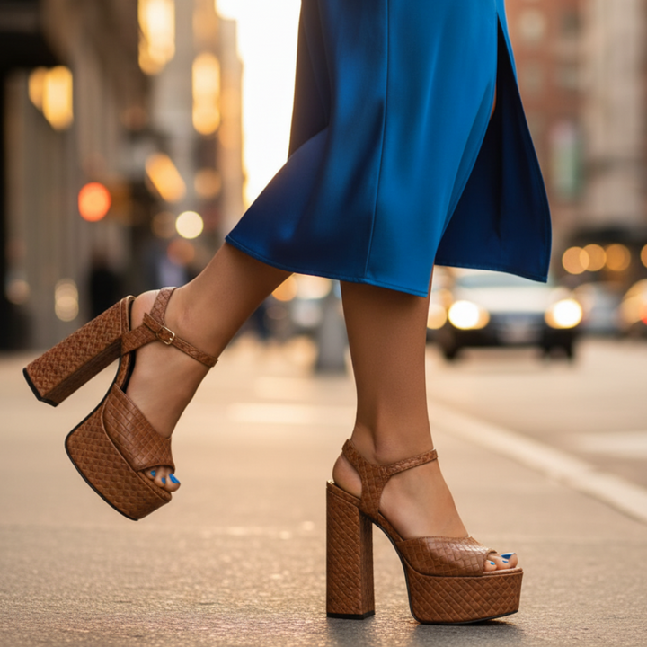 Chunky platform sole and ultra high block heel on women's stylish evening & party sandals.
