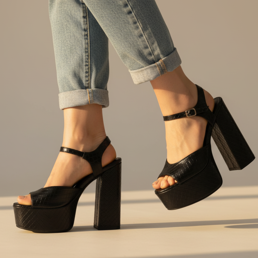 Sky-high women's block heel platform sandals. Open toe design with a secure buckle strap for elevated style.