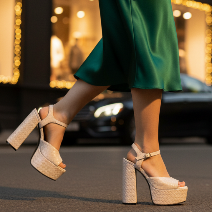 Women's open-toe platform sandals featuring a secure buckle strap and ultra-high block heel.