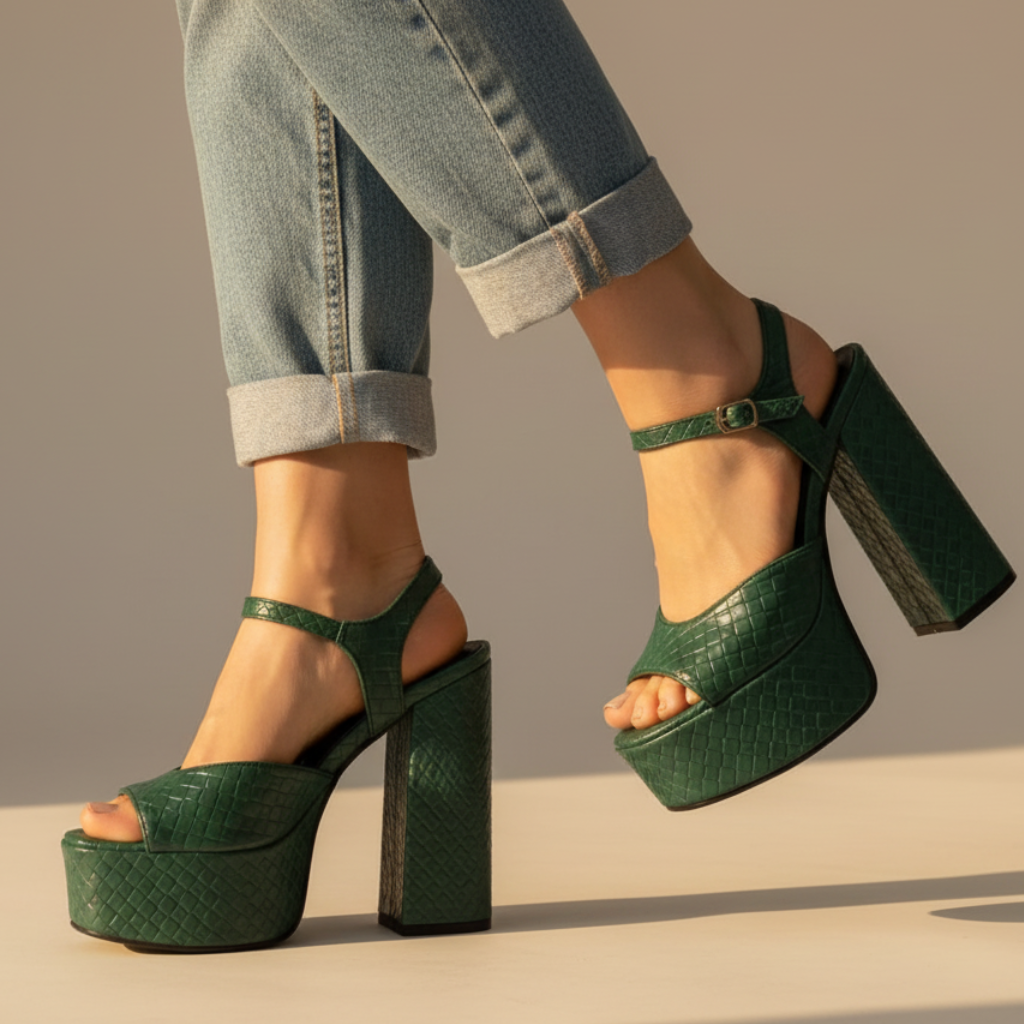 Stable women's block heel platform sandals with buckle. High heel & chunky sole for comfort.