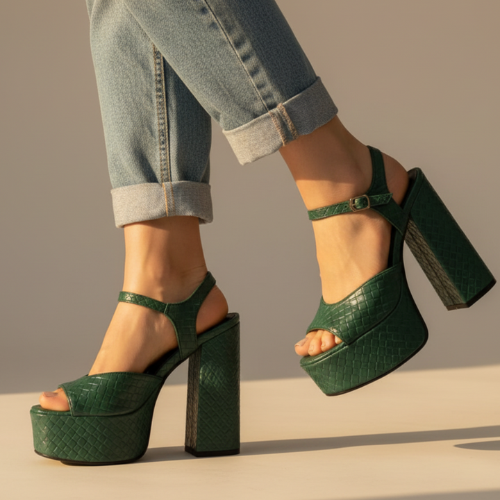 Stable women's block heel platform sandals with buckle. High heel & chunky sole for comfort.