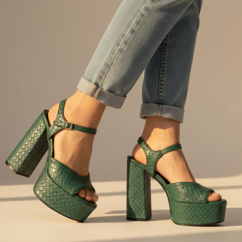 Trendy women's summer platform sandals. Ultra high block heel & buckle strap for fashion-forward look.