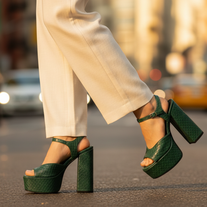 Women's stylish platform sandals with high block heel, open toe, and adjustable buckle strap.