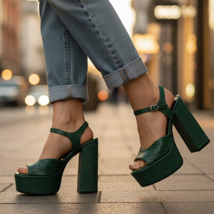 Side view of women's ultra high block heel platform sandals. Features chunky sole & secure buckle strap.