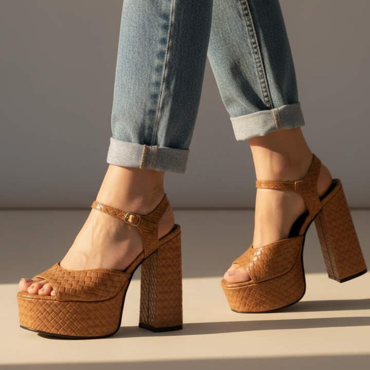 Front view: Women's open-toe platform sandals with a towering block heel & stylish buckle closure.