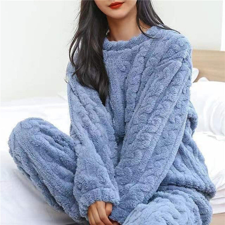 Women's ultra-soft cozy pajama set. Two-piece warm sleepwear for ultimate home comfort & winter relaxation.