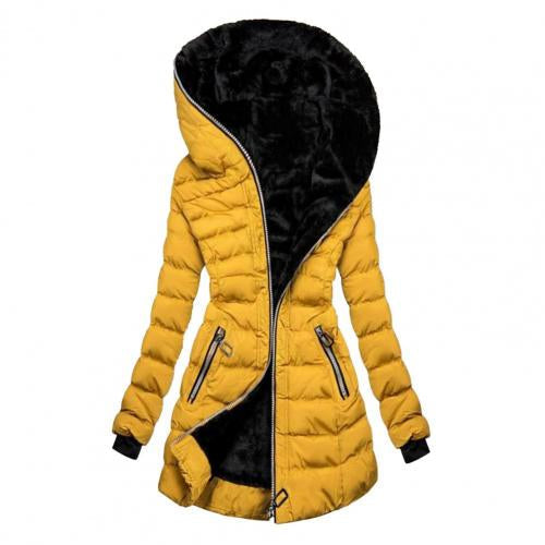Back view of women's chic fleece-lined winter jacket, ensuring warmth and comfort for seasonal fashion.
