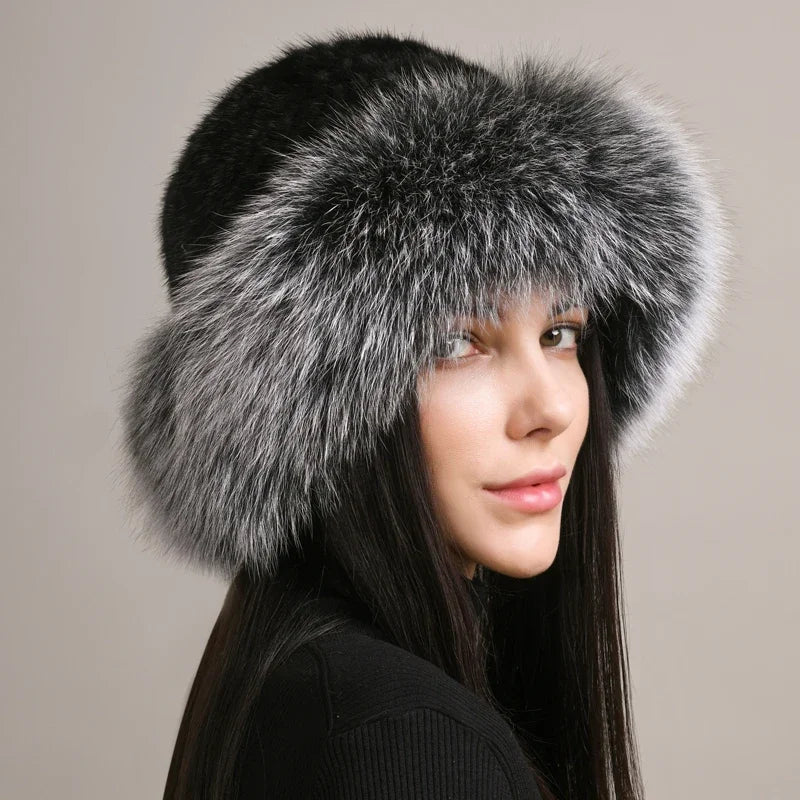 Stylish women's warm winter hat. Essential luxury headwear for cold weather, a cozy beanie for fall fashion.