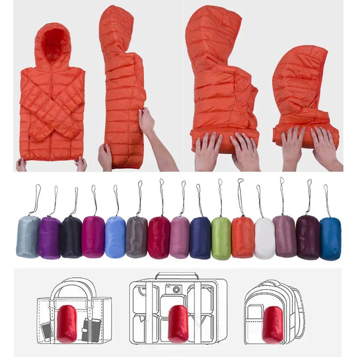 Stylish women's insulated hooded jacket, perfect for fall fashion, winter warmth & travel outerwear.