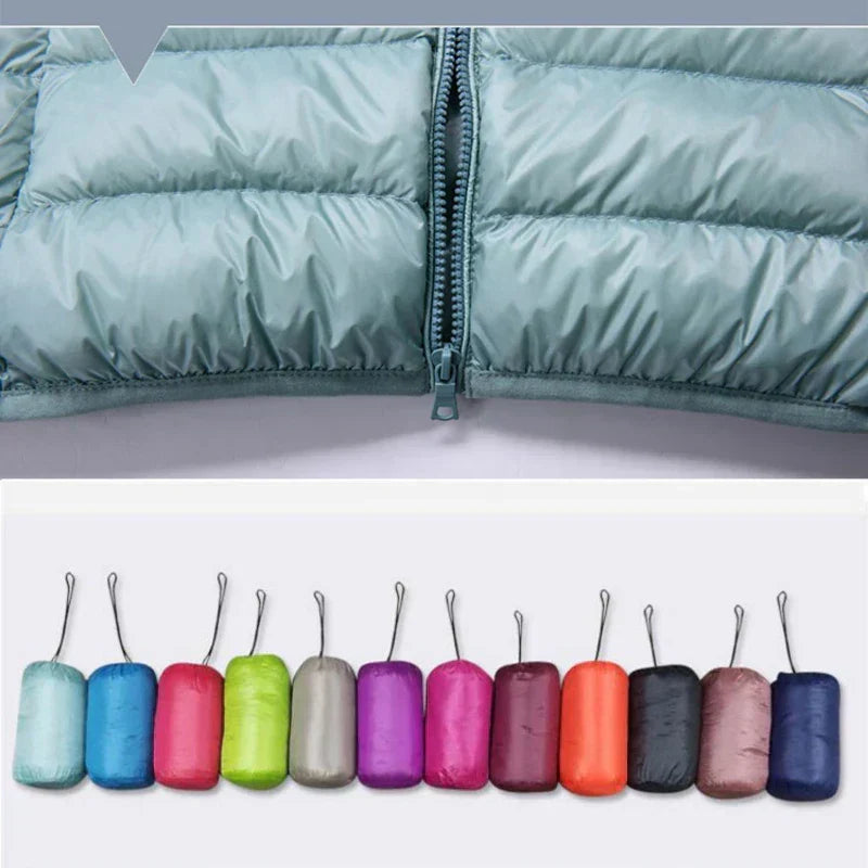 Versatile women's insulated jacket, a hooded ultralight design for winter warmth and easy travel.