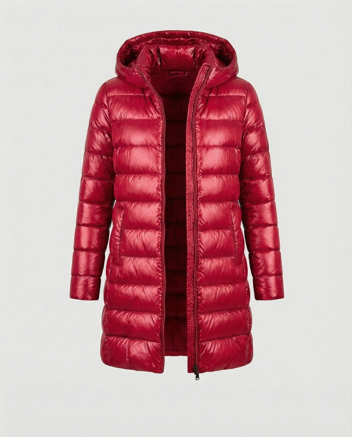 Warm women's ultralight insulated jacket with hood, essential for cool weather.