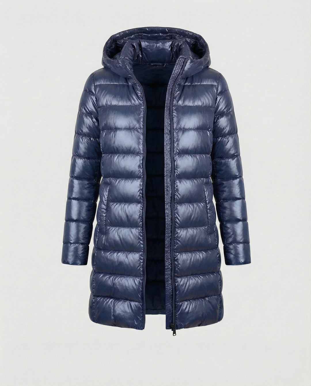 Transitional women's outerwear: ultralight insulated hooded jacket.