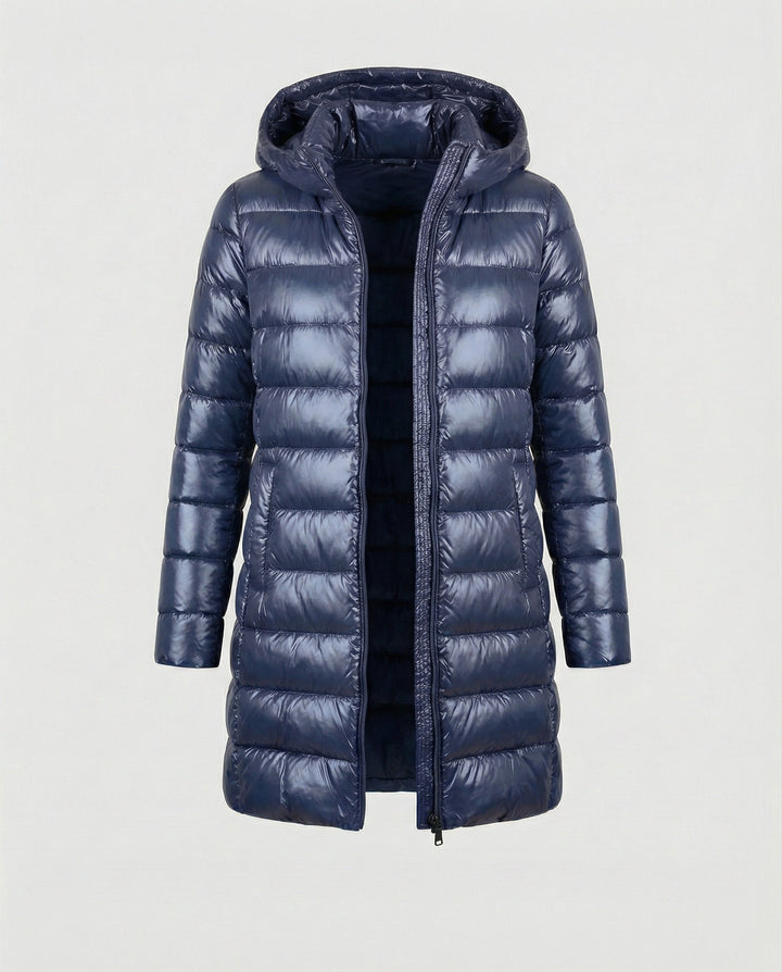 Transitional women's outerwear: ultralight insulated hooded jacket.