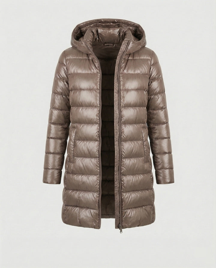 Everyday women's insulated jacket, ultralight with a protective hood.