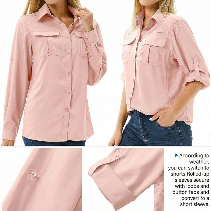 Women's sun protection long sleeve shirt, ideal for UV protection during hiking, fishing & outdoor travel.