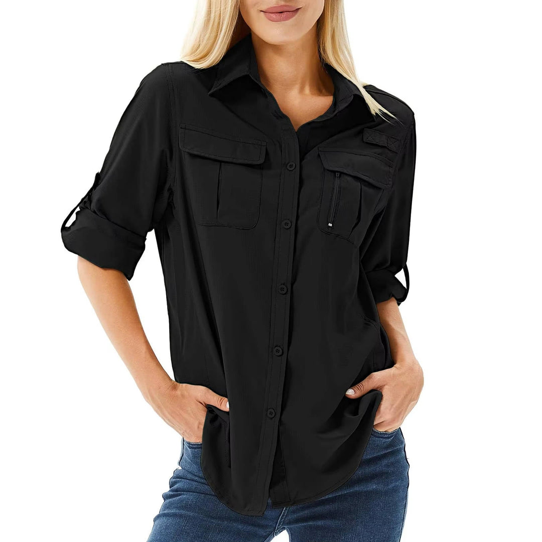 Women's long sleeve fishing shirt with UV protection, quick-dry fabric for comfortable outdoor angling.