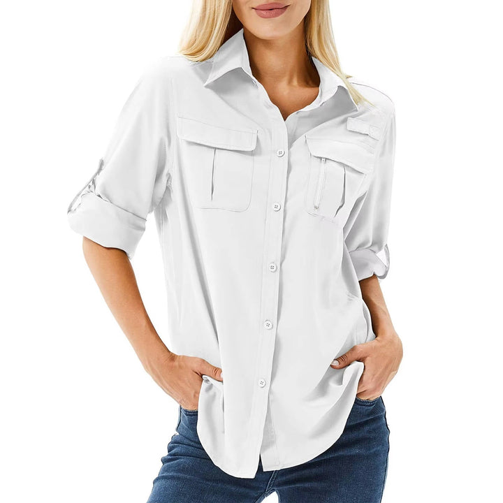 Stylish women's safari long sleeve shirt offering UV sun protection, perfect for outdoor adventures & travel.
