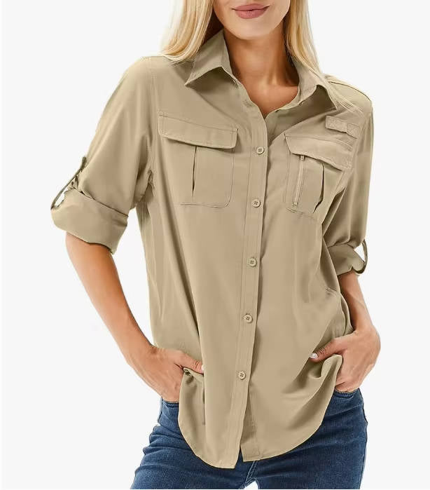 Close-up of women's quick-dry long sleeve outdoor shirt, offering UV & sun protection for active women.