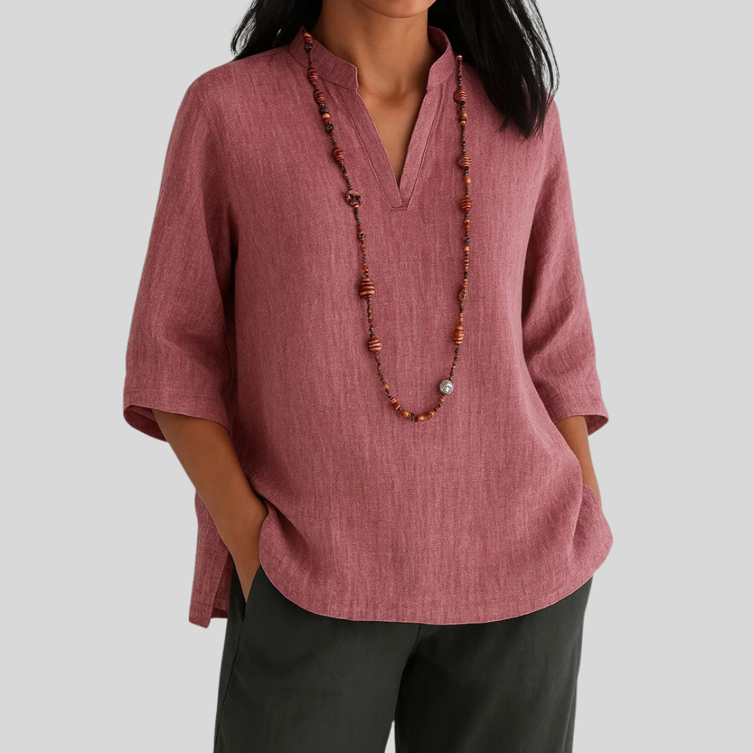 Solid color women's 3/4 sleeve V-neck blouse, a comfortable casual top with a relaxed fit for versatile everyday wear.