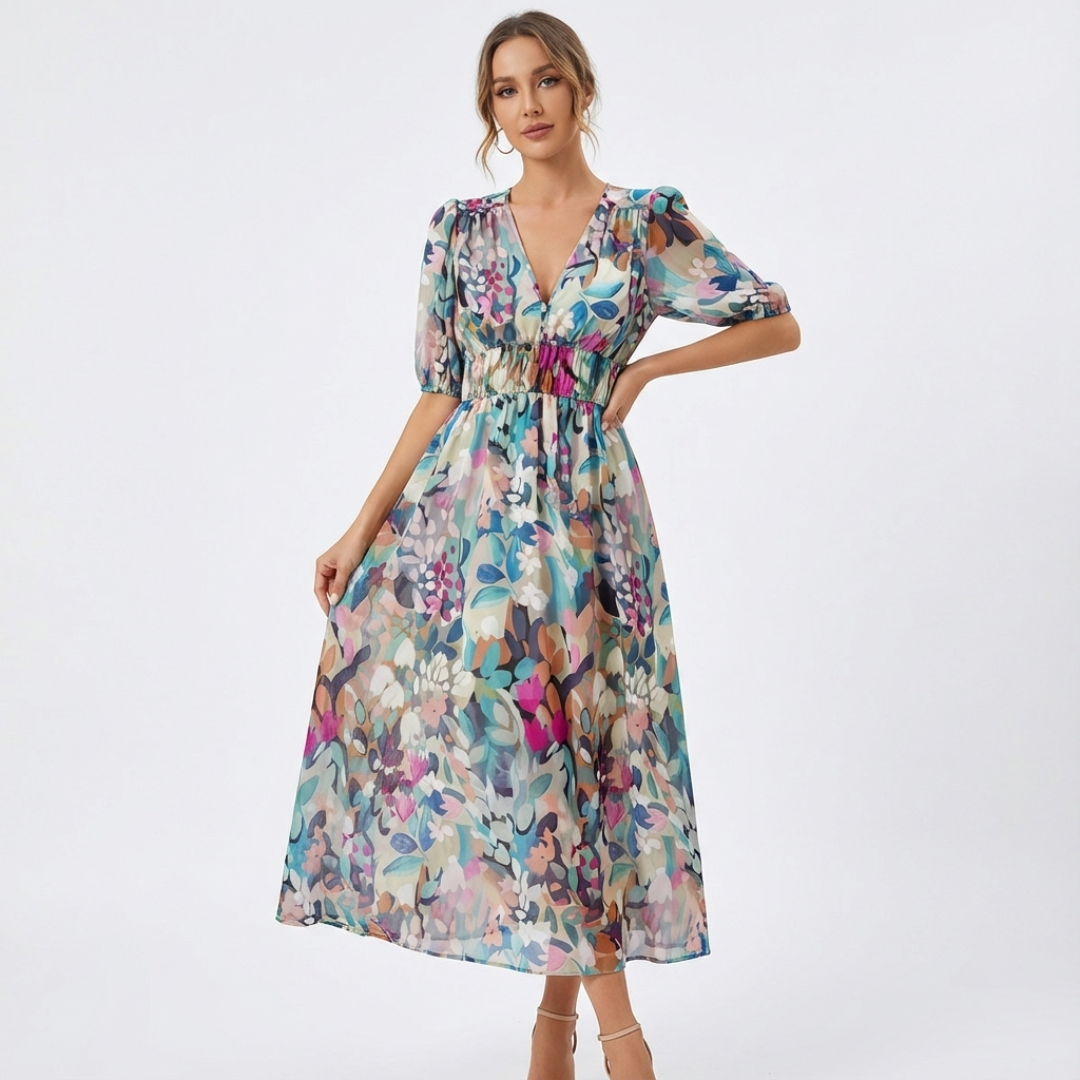 Women's V-neck 3/4 sleeve midi dress with ruched waist, perfect for casual or party wear.