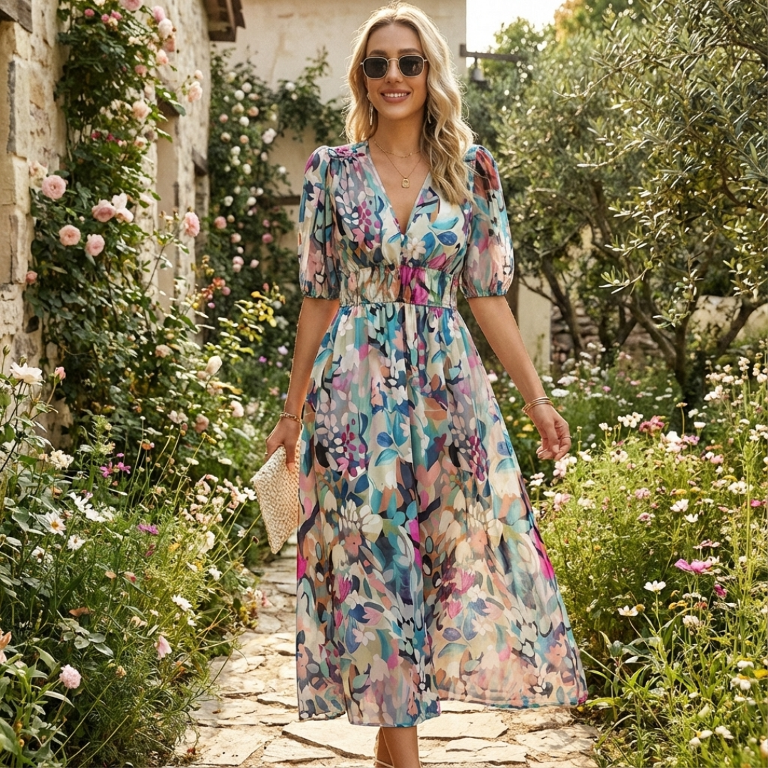 Elegant V-neck 3/4 sleeve midi dress for women, featuring a flattering ruched waist.