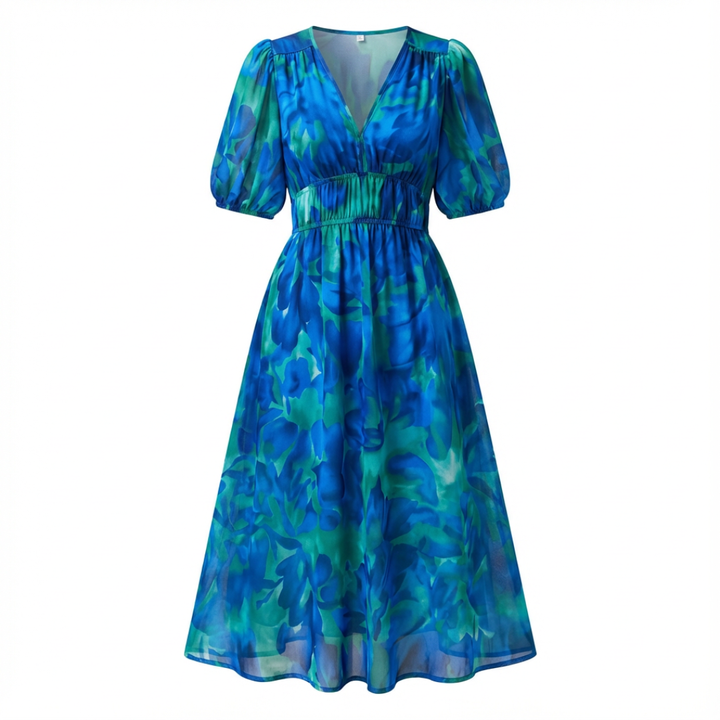 Comfortable women's V-neck midi dress, 3/4 sleeves, ruched waist. Stylish for any event.