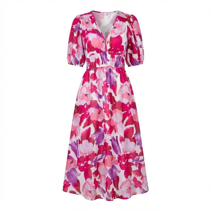 Flattering A-line women's V-neck midi dress, 3/4 sleeves & ruched waist. Perfect casual summer style.