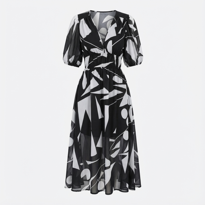 Stylish women's V-neck 3/4 sleeve midi dress with ruched waist; transitions from day to night.