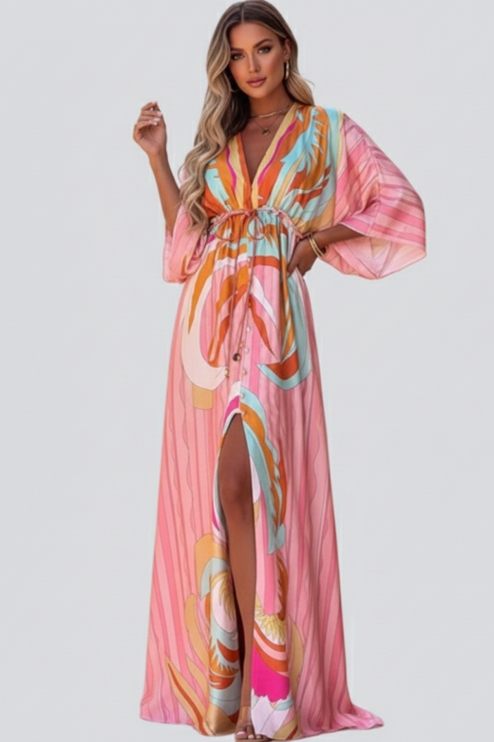 Elegant women's pink abstract print V-neck long dress. Perfect belted day dress for spring & summer.