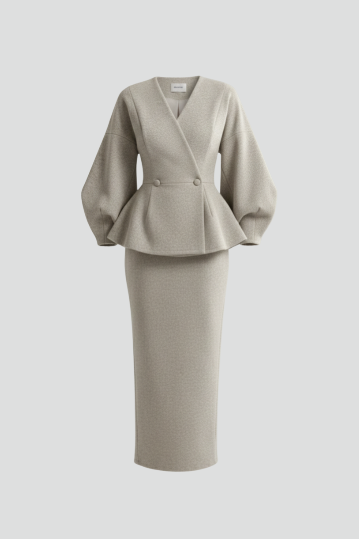Women's V-neck blazer skirt suit with puff sleeves, perfect for professional business attire & workwear.