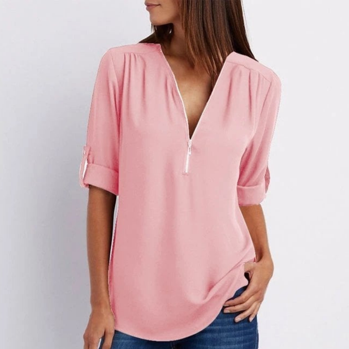 Women's V-neck blouse with zip front & roll-up long sleeves. Perfect for versatile spring & summer fashion.