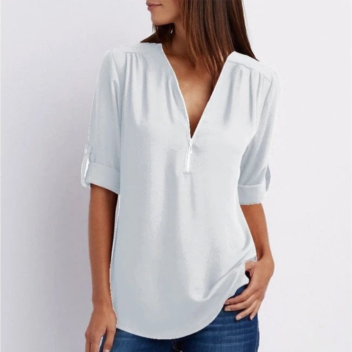 Effortless women's casual V-neck top with zip front, roll sleeves. Ideal for spring, summer & fall everyday wear.