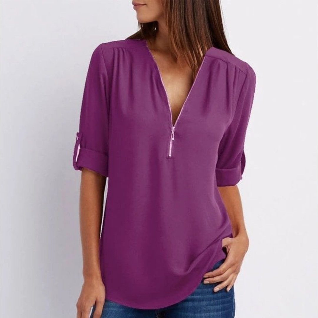 Versatile women's V-neck blouse with zip front & roll-up sleeves. A comfortable, casual top for spring & summer.