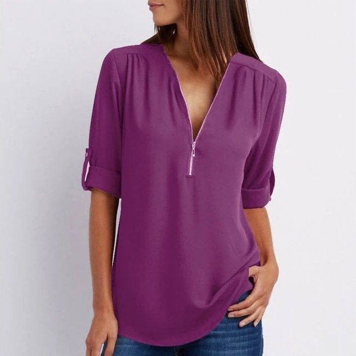 Versatile women's V-neck blouse with zip front & roll-up sleeves. A comfortable, casual top for spring & summer.