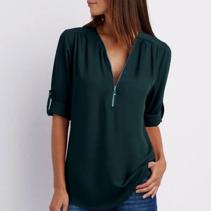 Everyday women's top: V-neck blouse with practical zip-front & stylish roll-up sleeves. Suitable for any season.