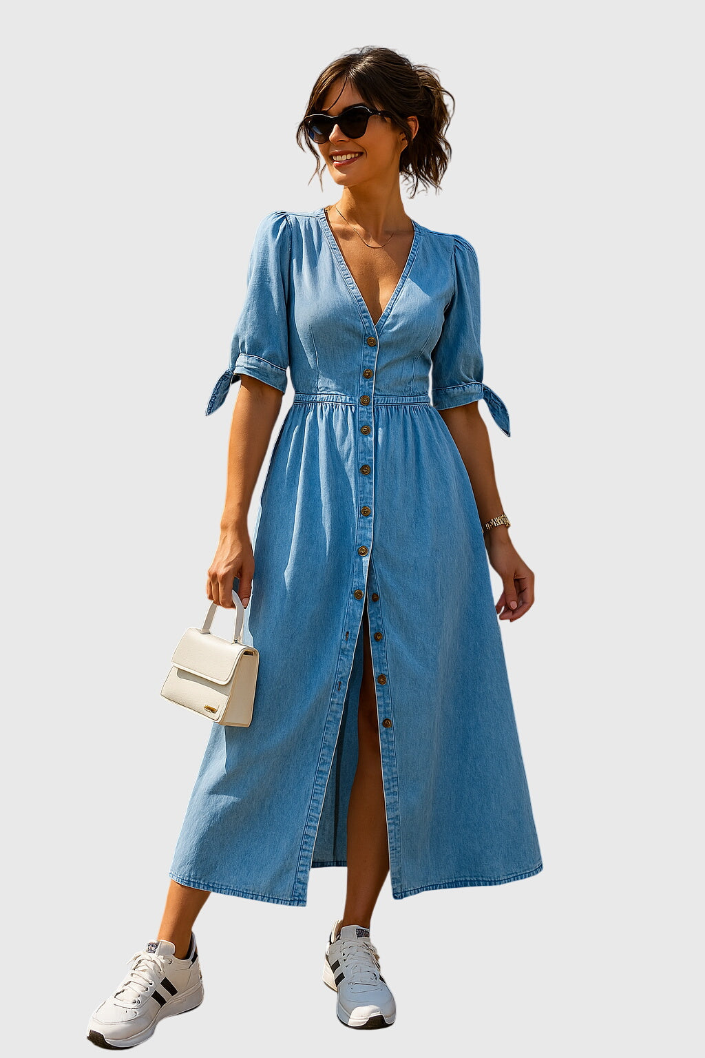 Women's V-Neck Button Front Midi Dress with stylish tie sleeves, perfect for spring/summer casual wear.