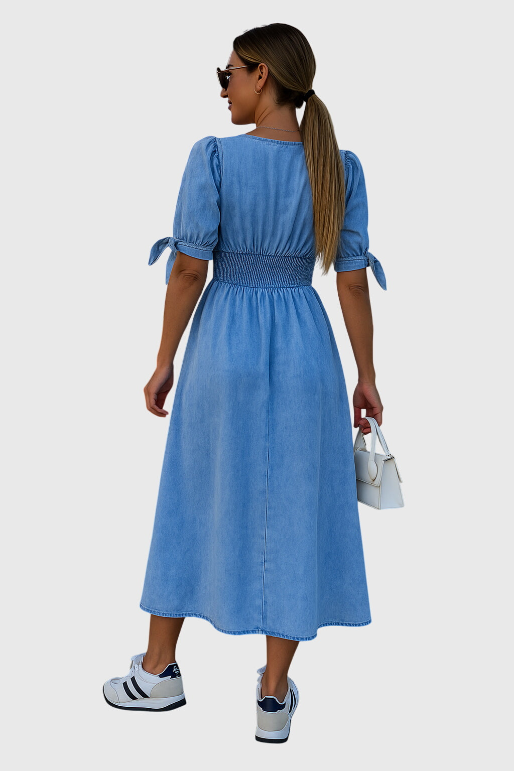 Flowy Women's V-Neck Midi Dress with button front & tie sleeves, a versatile summer or spring casual fashion.