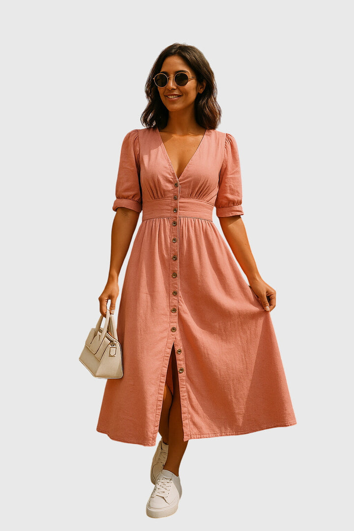 Ladies' V-neck midi dress featuring a button front closure & chic tie sleeves, ideal for casual spring fashion.