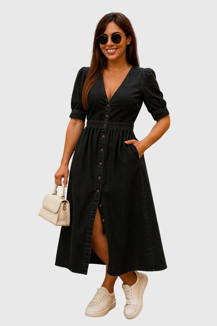 Casual V-neck midi dress for women, featuring a button front & trendy tie sleeves for a comfortable summer look.