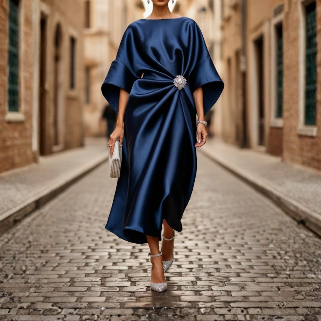 Women's V-Neck Elbow Sleeve Midi Dress with flared skirt, perfect for elegant casual wear.
