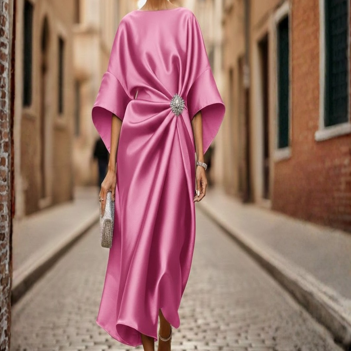 Elegant women's v-neck midi dress featuring elbow sleeves and a flowy flared skirt for a chic look.