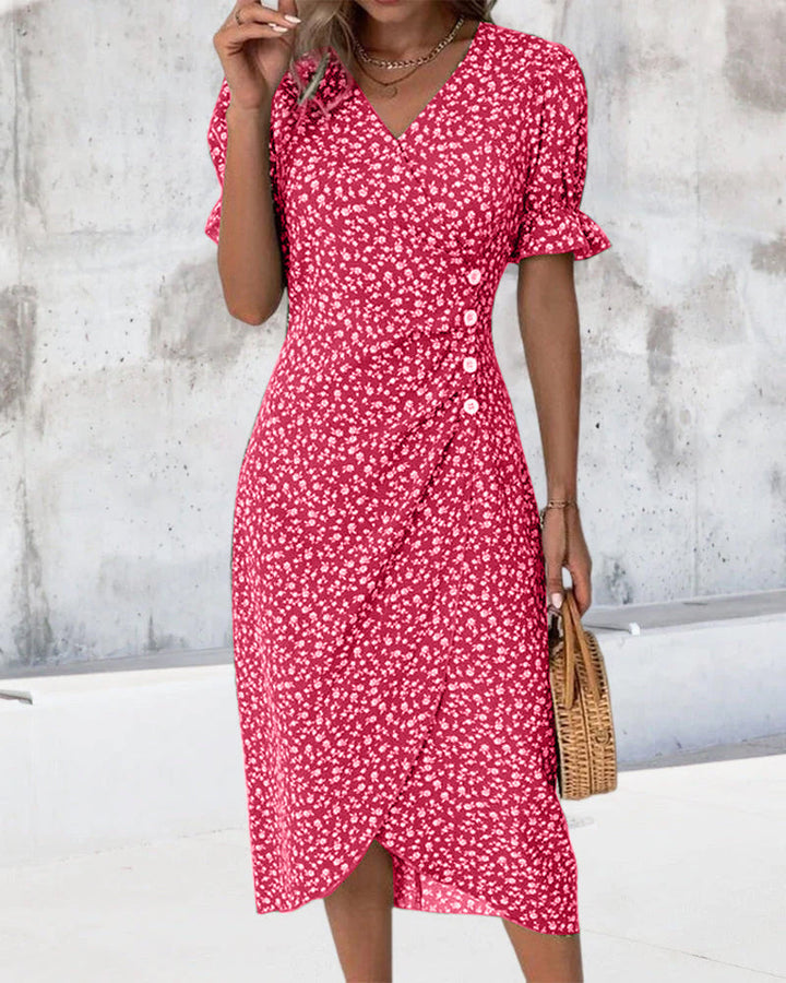 Lightweight, comfortable women's V-neck floral printed dress with a beautiful flowy design.