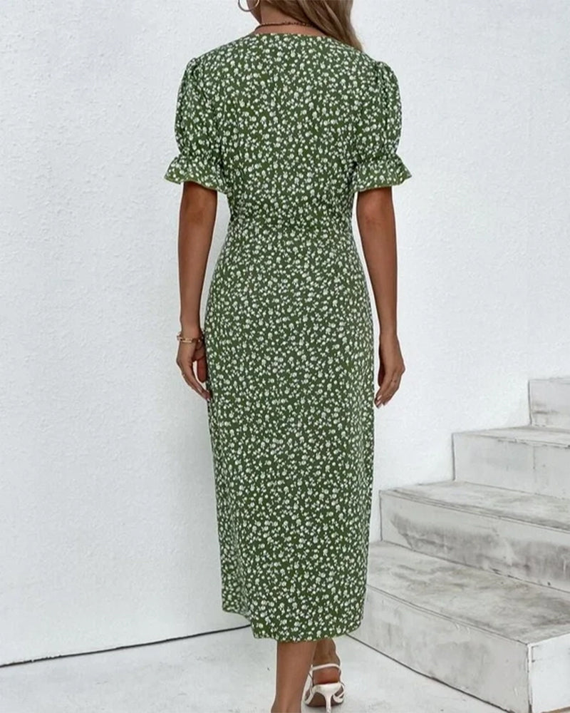 Versatile women's flowy V-neck floral dress, suitable for casual outings or elegant events.