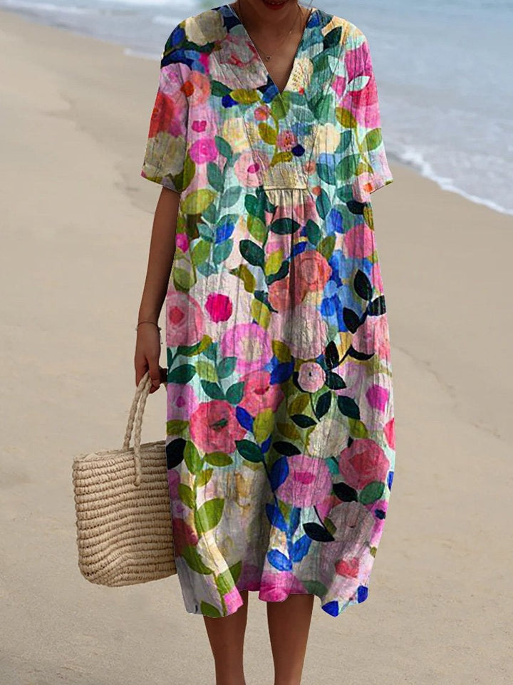 Women's V-neck floral midi dress with short sleeves, perfect for summer casual wear.