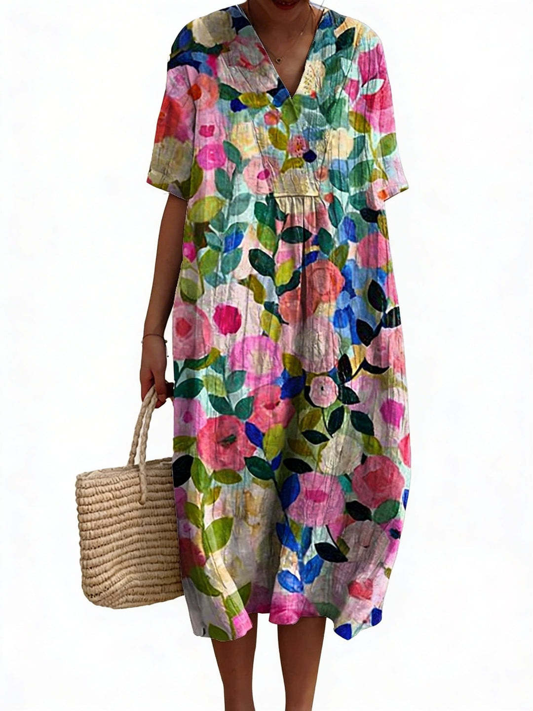 Woman twirling in a comfortable V-neck short sleeve floral midi dress, showcasing its flow.