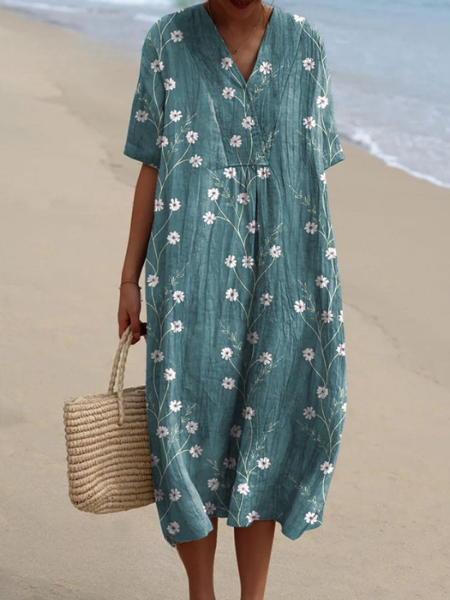 Full length image of a women's elegant V-neck short sleeve floral midi dress, ideal for summer.